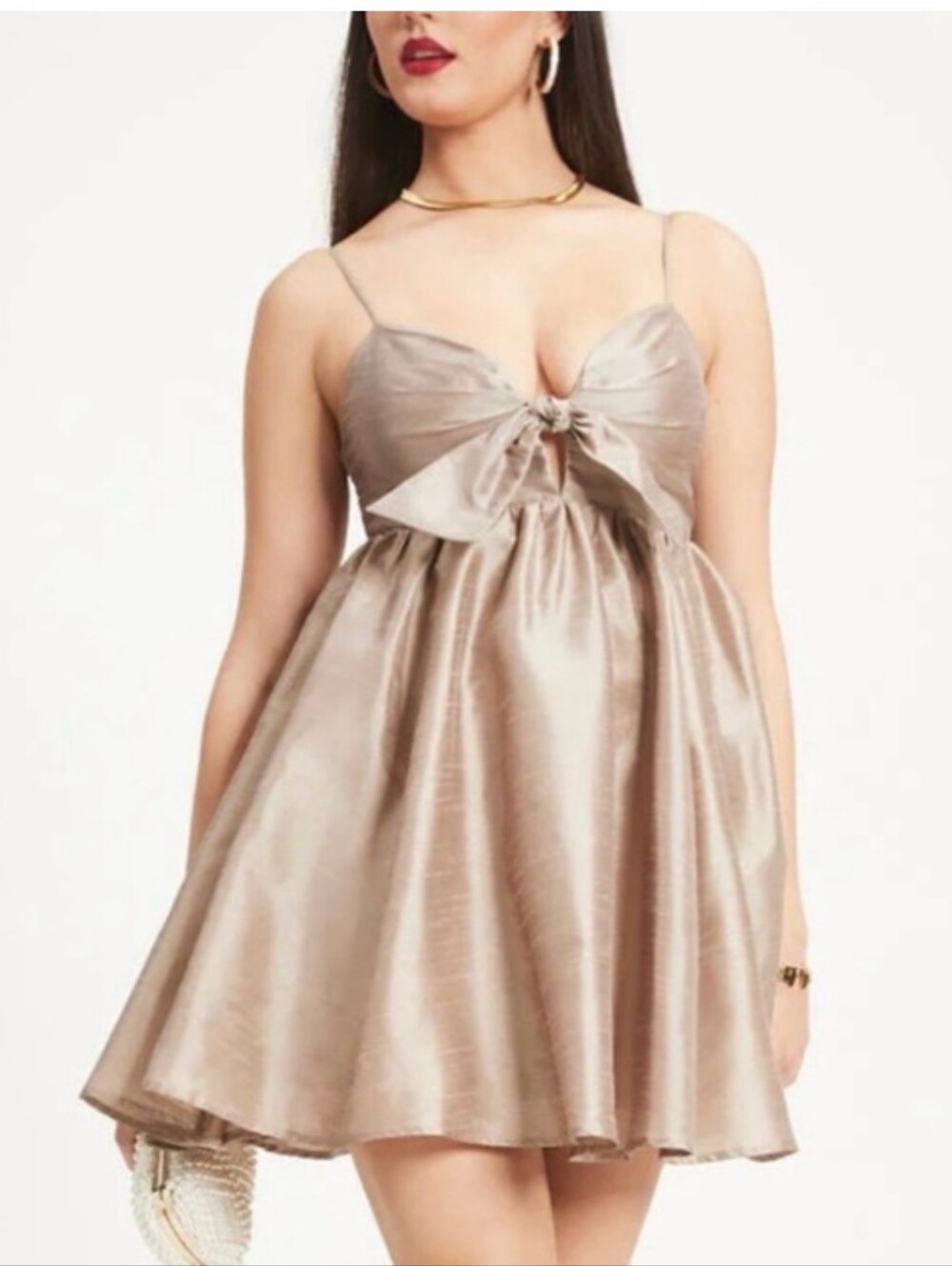 Aakaa Shimmery Champagne Bow-Front Satin Mini Party Dress